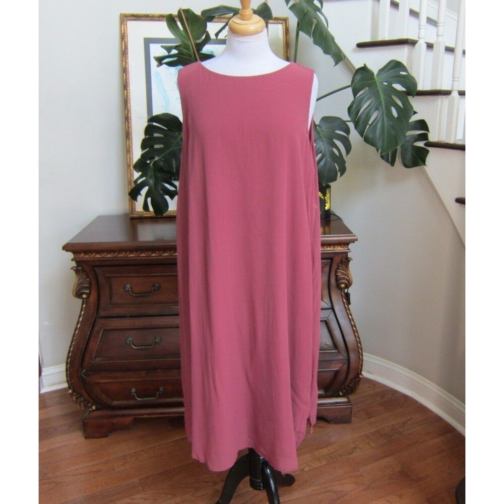 Eileen Fisher Rosewood Silk Double Layer Jewel Neck Sleeveless Dress Size XL